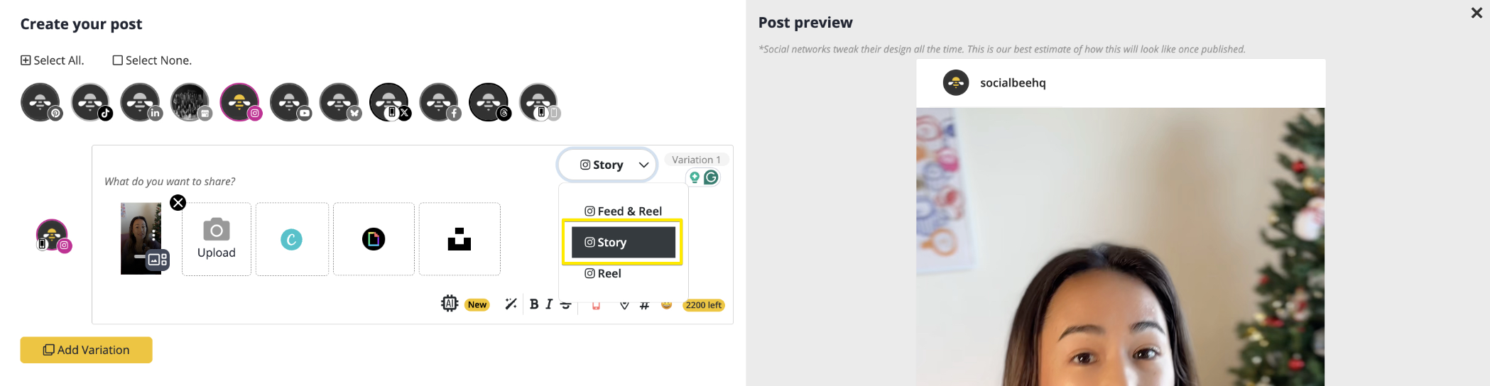 SocialBee's Post Editor Story Dropdown