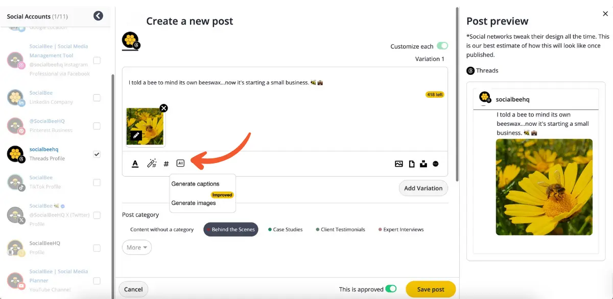 AI Post Generator in SocialBee.webp