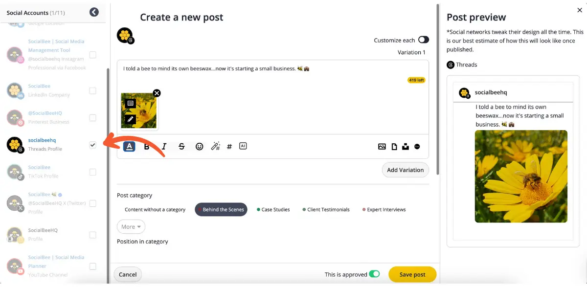 Select your Threads account in SocialBee.webp