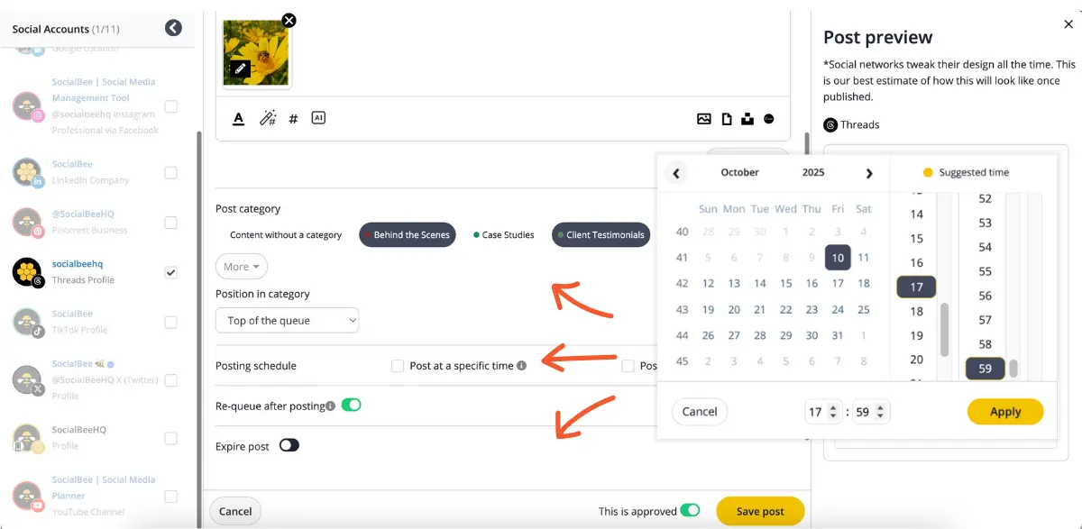 Posting times in SocialBee.webp