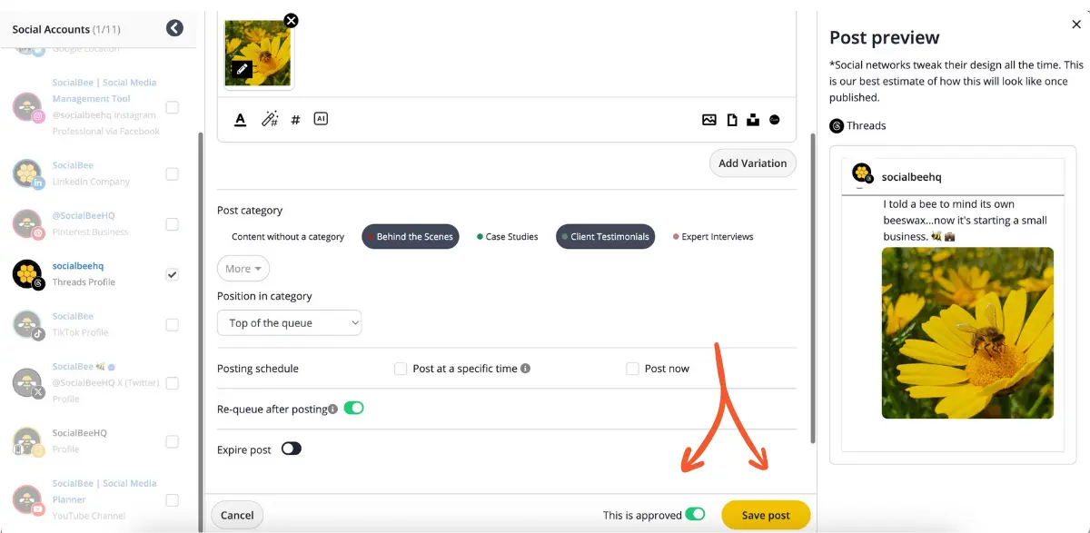 Save as draft or share now in SocialBee.webp