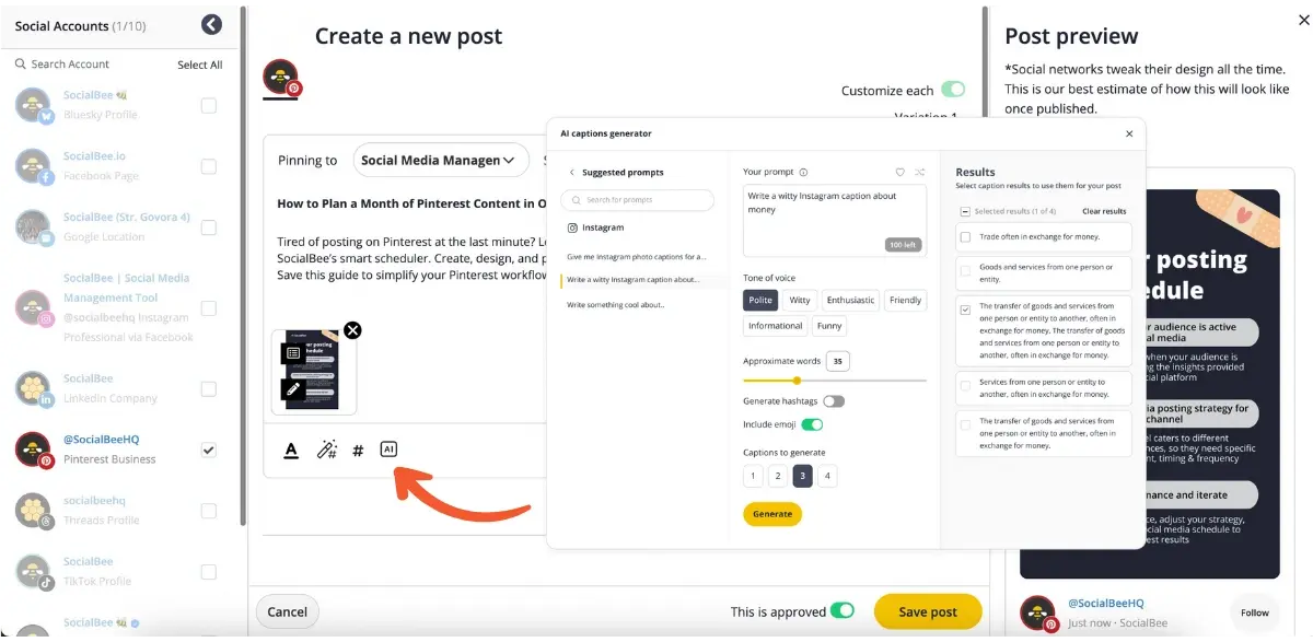 how to generate Pinterest content with SocialBee.webp
