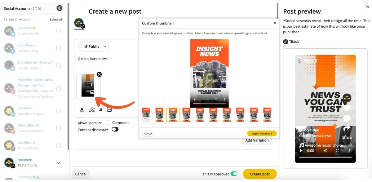 How to set a thumbnail for a TikTok video from Socialbee.webp